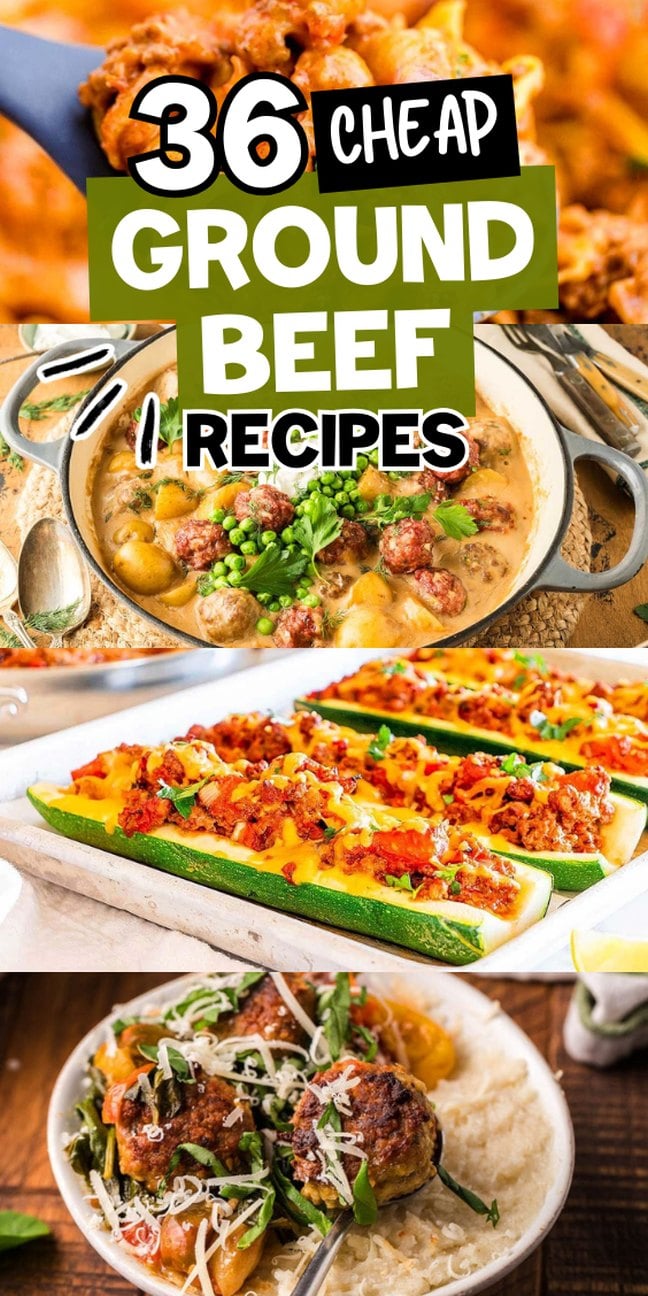 Collage of ground beef dishes showcasing a variety of easy ground beef recipes.