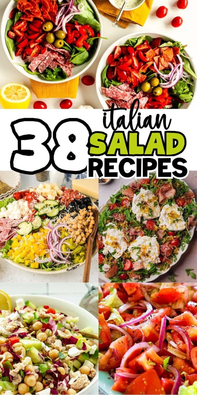 A collage of colorful Italian salads showcases a vibrant collection of authentic italian salad recipes to inspire your next meal.