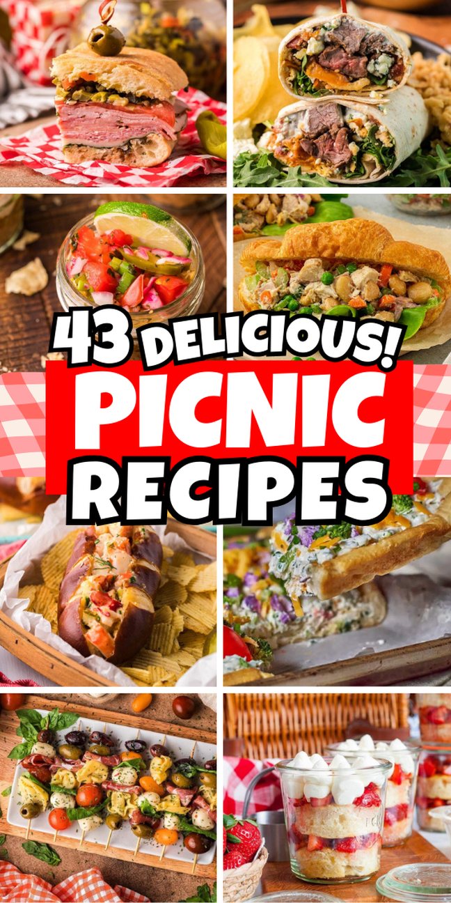 A collage of picnic foods on a red checkered background, showcasing easy picnic recipes perfect for outdoor gatherings.