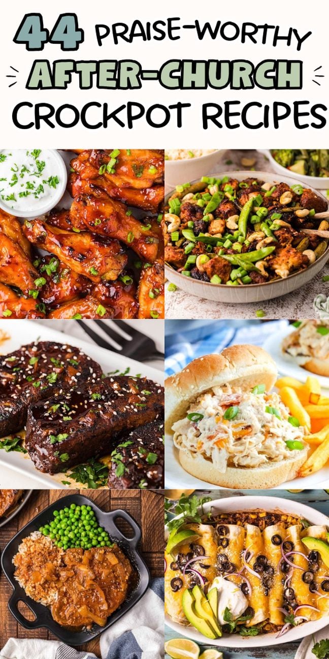 Variety of slow cooker meals like stews, soups, meats, and easy one-pot dinners
