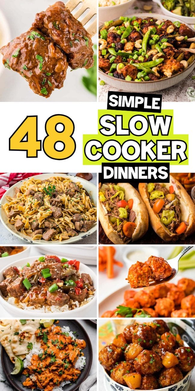 Collage of various slow cooker dinners, featuring meats, pasta, stews, and vegetables