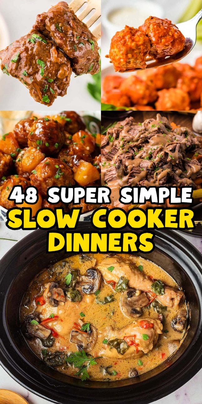 Collage of slow cooker dinners featuring meat, meatballs, chicken, and beef.