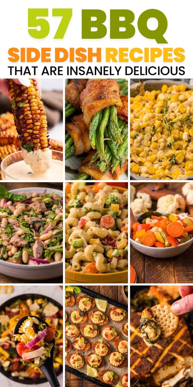 A collage of vibrant BBQ side dish recipes, featuring corn, green beans, pasta, and roasted vegetables.