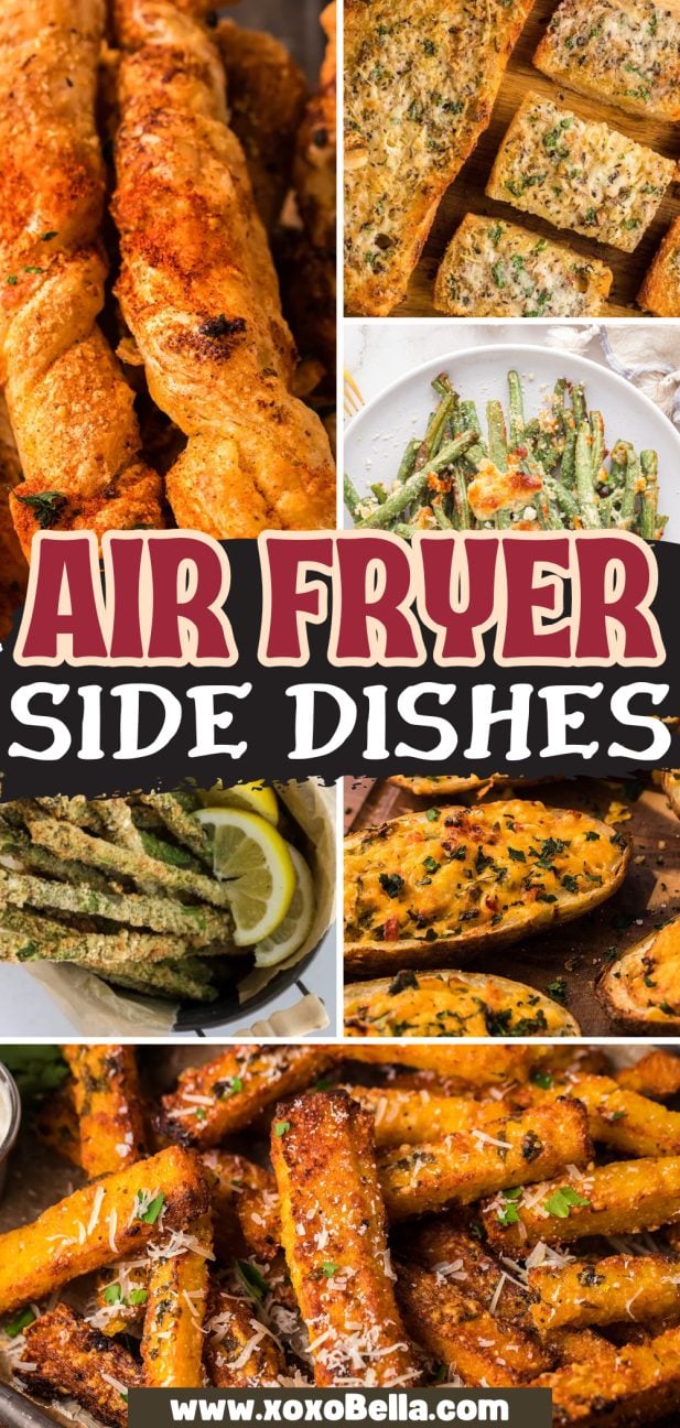 Collage of Air Fryer Side Dishes featuring breadsticks, cheesy bread, fries, green beans, and zucchini sticks—perfect for your next meal!.