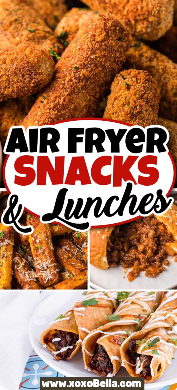 A collage of crispy Air Fryer Snacks and Lunches, featuring golden fries, savory stuffed rolls, and drizzled taquitos.