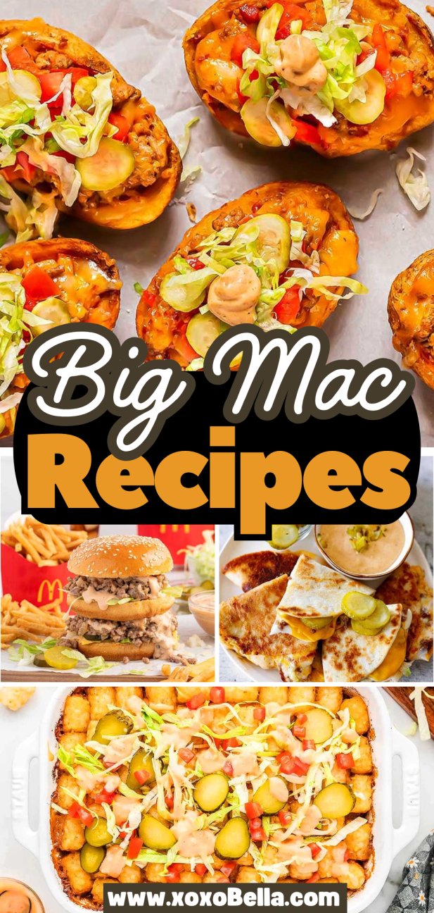 A collage showcases various big mac inspired recipes, featuring toppings like pickles, lettuce, cheese, and signature sauce.