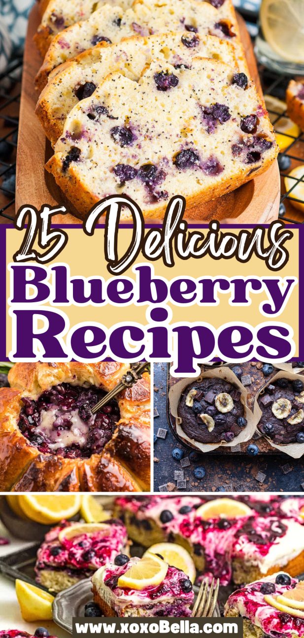 Collage of blueberry dishes including bread and pastries—perfect inspiration for anyone searching for new blueberry recipes to try.