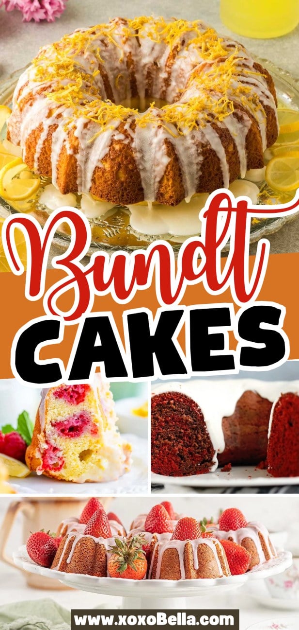 A colorful collage showcases four delicious Bundt cakes, each topped with various glazes and fresh fruit for a tempting display.