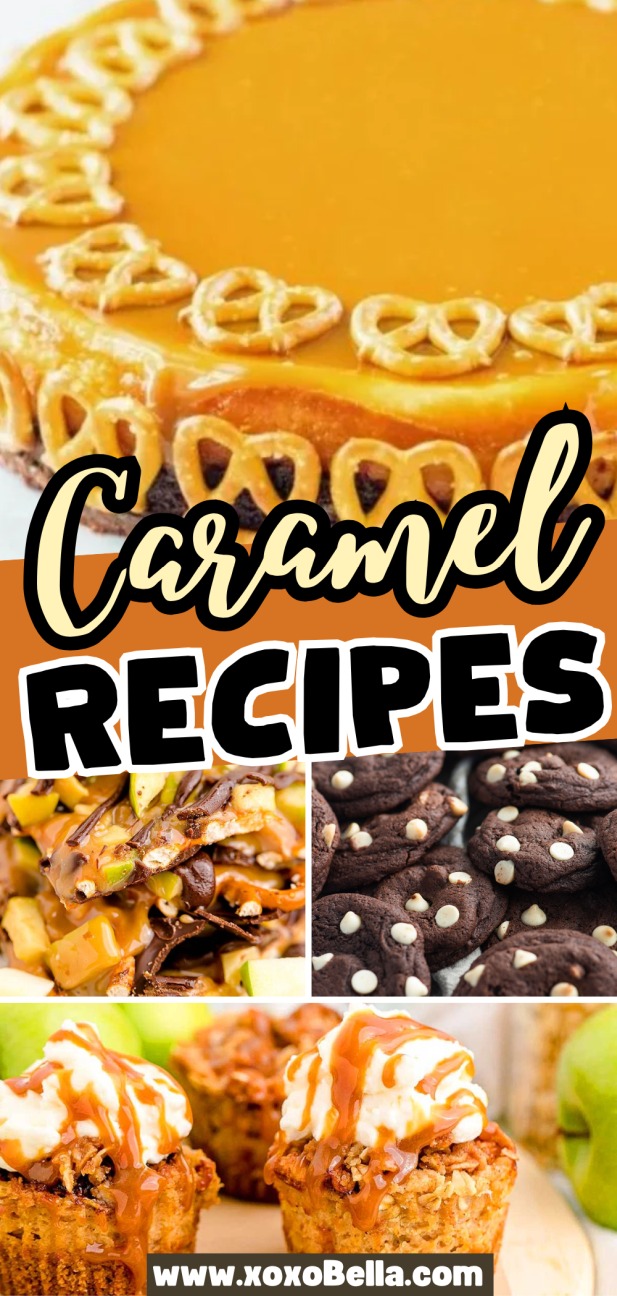 Collage of caramel desserts, featuring delicious Caramel Recipes like a caramel tart, brownies, cookies, and caramel-drizzled muffins.