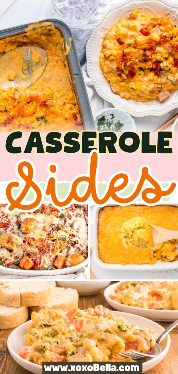 Collage of cheesy side dish casseroles on plates and in baking dishes.