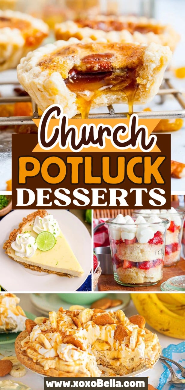 Collage of delicious church potluck desserts, featuring pie, trifle, and cake