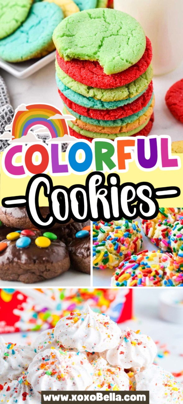 Colorful cookies stacked and scattered, topped with rainbow sprinkles and candy.