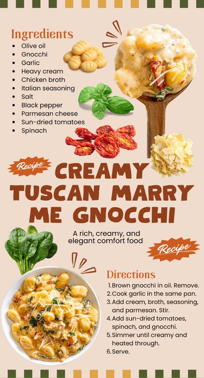 Creamy Tuscan marry me gnocchi dish with spinach and tomatoes, shown with ingredients and cooking directions.