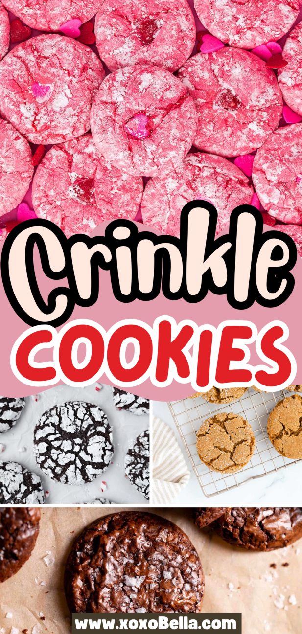 A collage of assorted crinkle cookies—pink, chocolate, and classic—invites you to discover delicious crinkle cookie recipes.