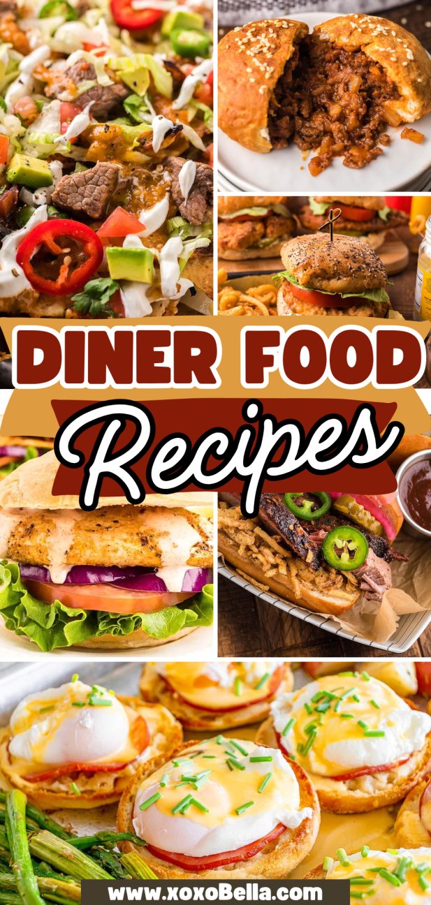 A collage of diner food recipes, featuring burgers, nachos, stuffed bread, and breakfast eggs.