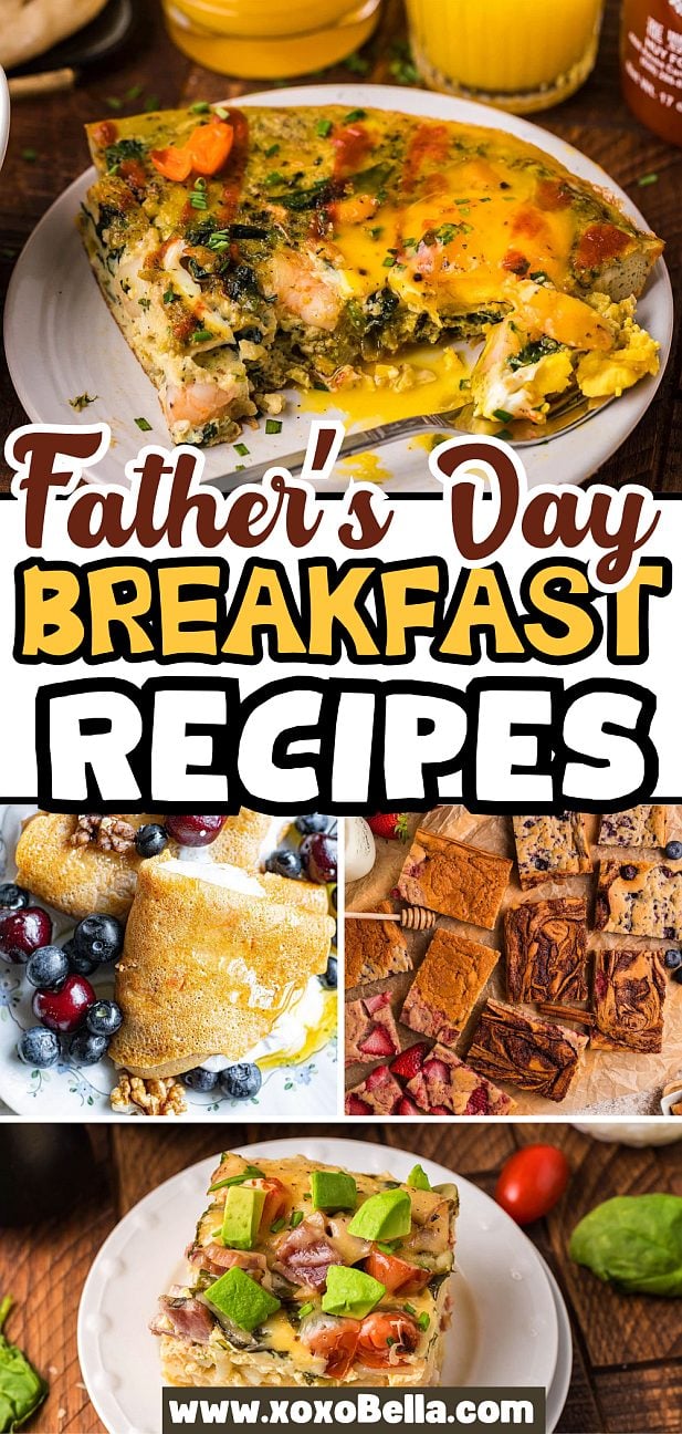 A collage of savory breakfast dishes, pancakes, and a breakfast casserole.