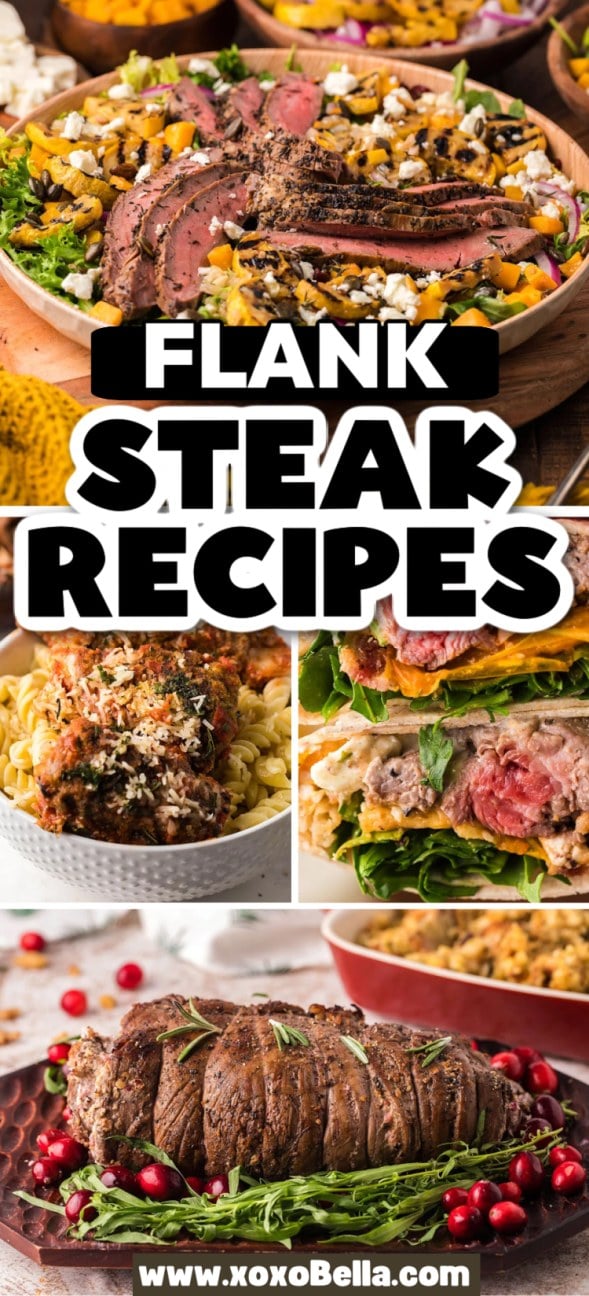 A vibrant collage of mouthwatering flank steak recipes.