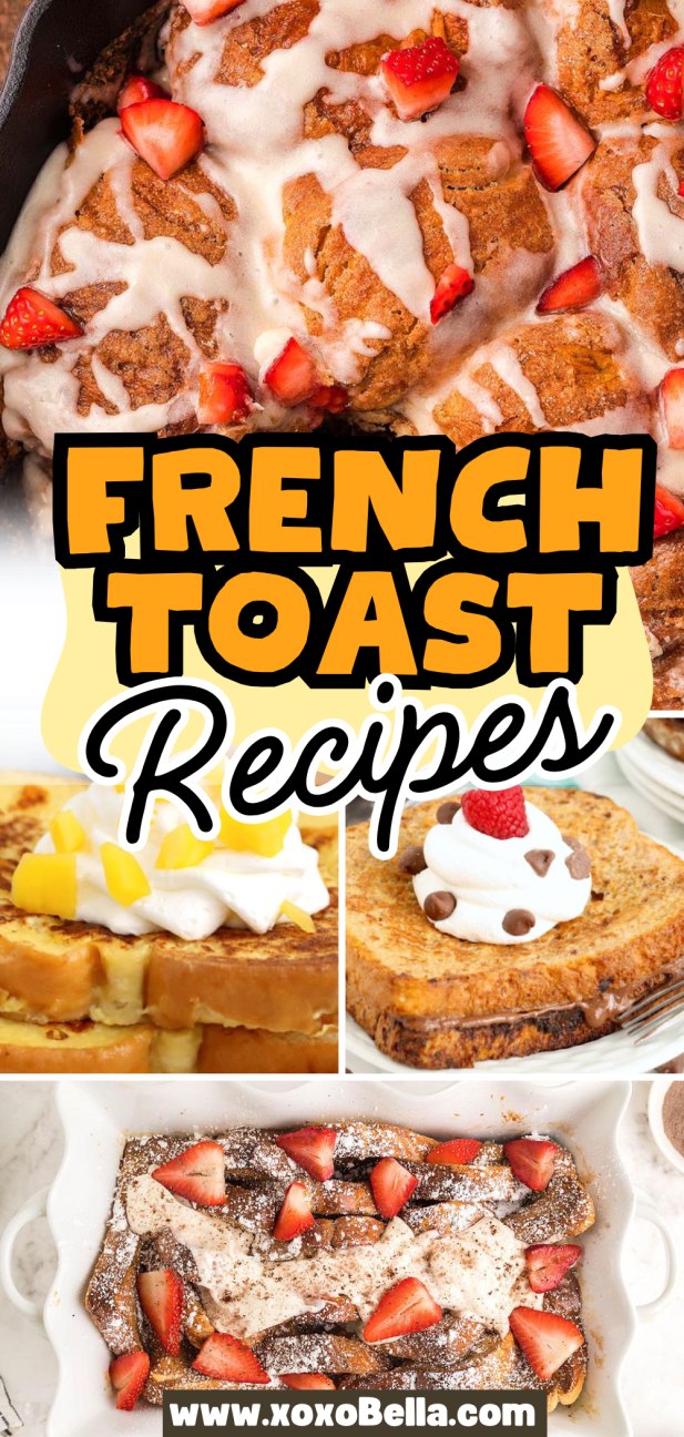 Collage of French toast dishes topped with icing, strawberries, whipped cream, and chocolate chips—perfect inspiration for your next French Toast Recipes adventure.