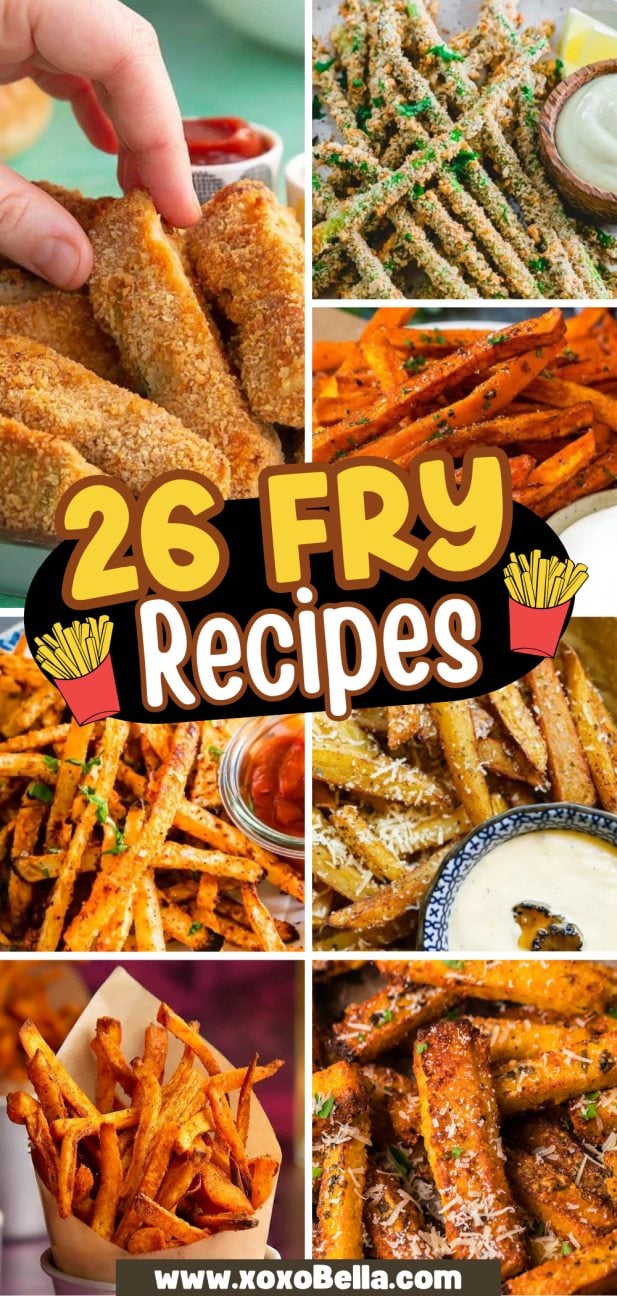 Collage of various crispy fries including sweet potato, zucchini, and classic fries with dips. Some delicious fry recipes to try at home.