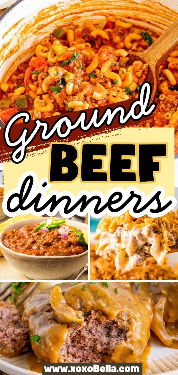 Collage of ground beef dinners, including pasta, stew, and meatloaf with gravy, highlighting delicious Ground Beef Recipes.
