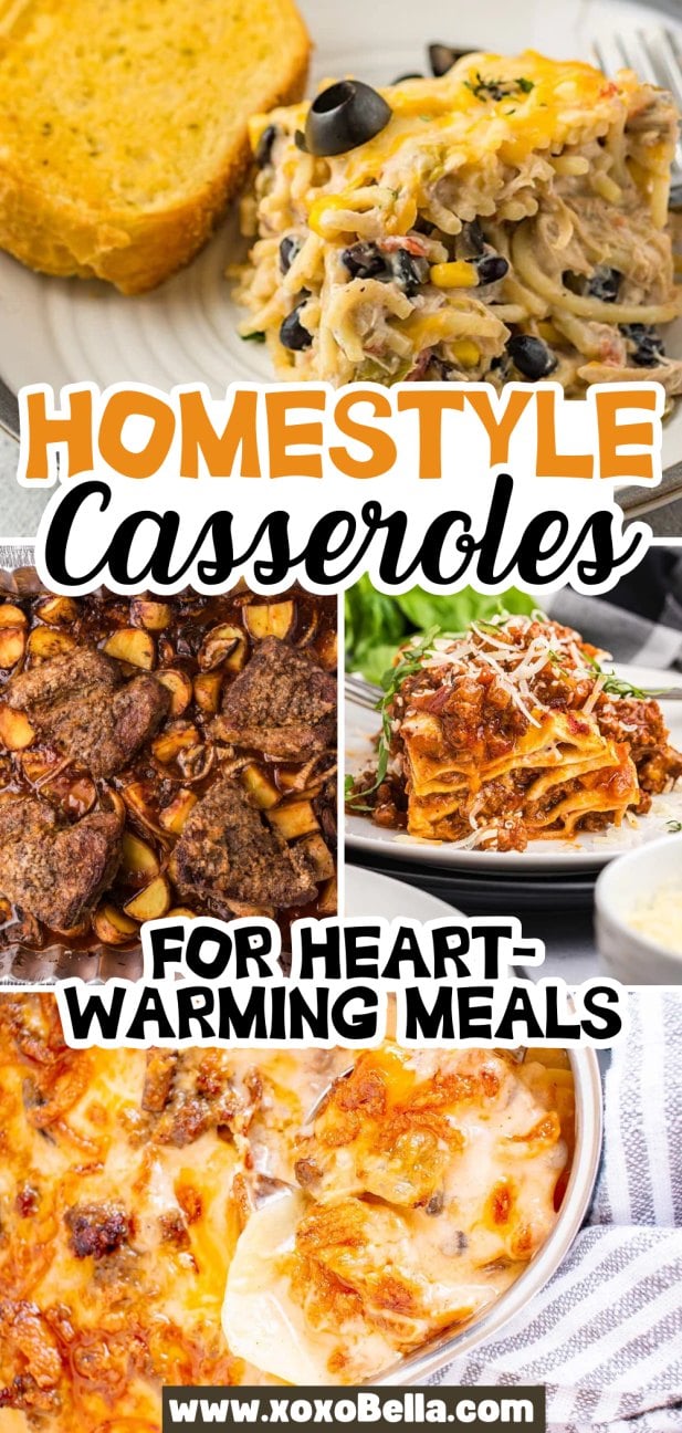Collage of hearty homestyle casseroles to make at home.