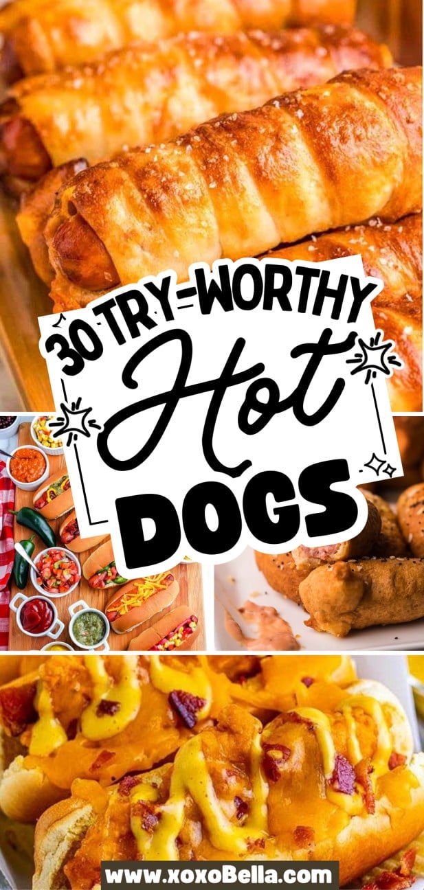 Collage of various hot dogs, including cheesy baked and crescent-wrapped.