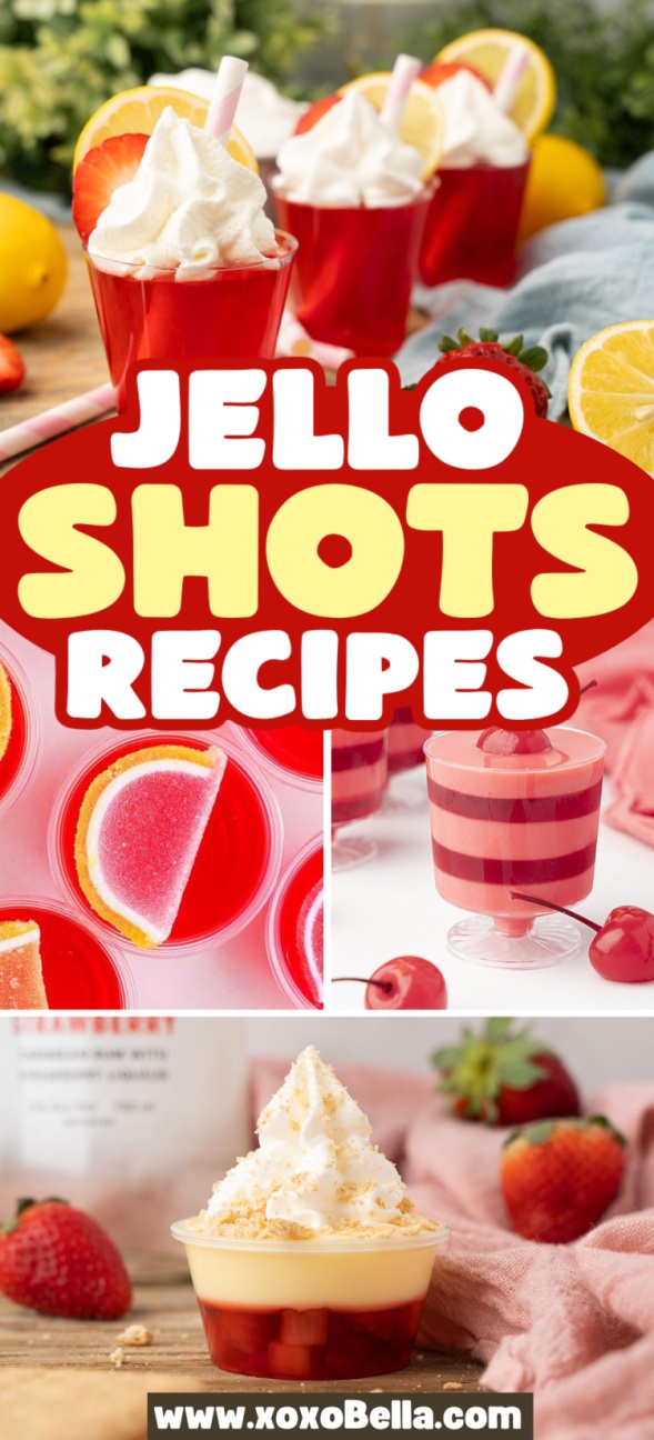 Colorful jello shots with whipped cream and fruit slices, displayed in clear cups with straws and festive decor—perfect for trying out new jello shots recipes at your next party.