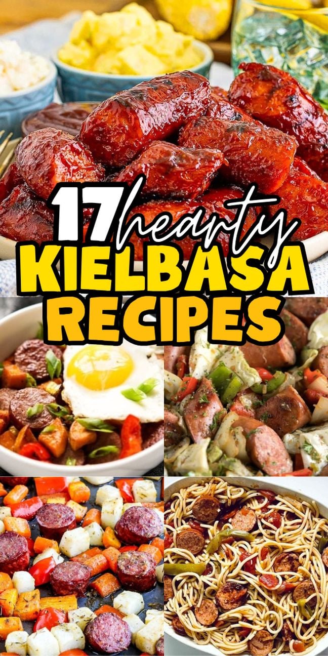 Collage of delicious kielbasa dishes.