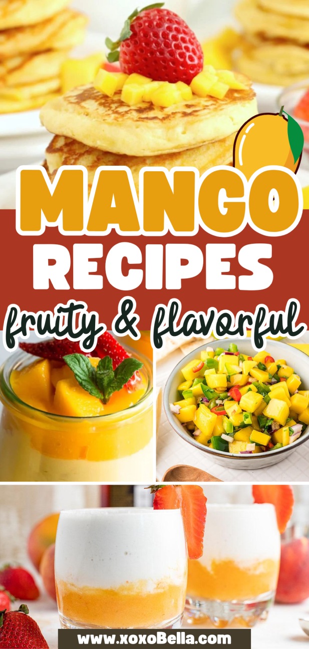 A collage of mango recipes showcases pancakes, salsa, mousse, and layered desserts, each beautifully adorned with fruit garnishes.
