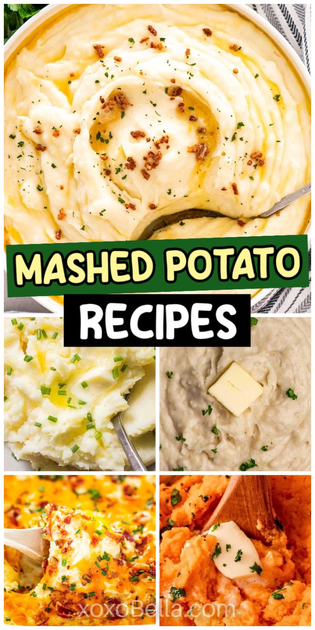 Collage of delicious Mashed Potato recipes, featuring plain, buttery, cheesy, and bacon-topped variations.