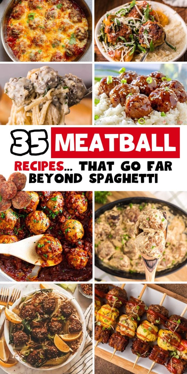 Collage of various meatball recipes.