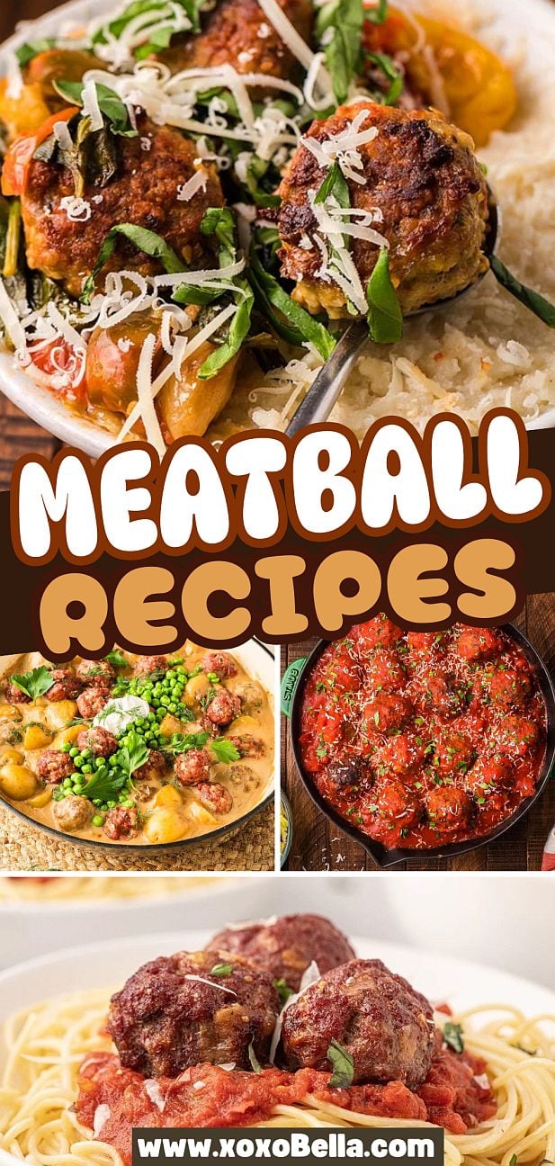 Collage of various meatball recipes served with pasta, sauce, and herbs, labeled "Meatball Recipes.