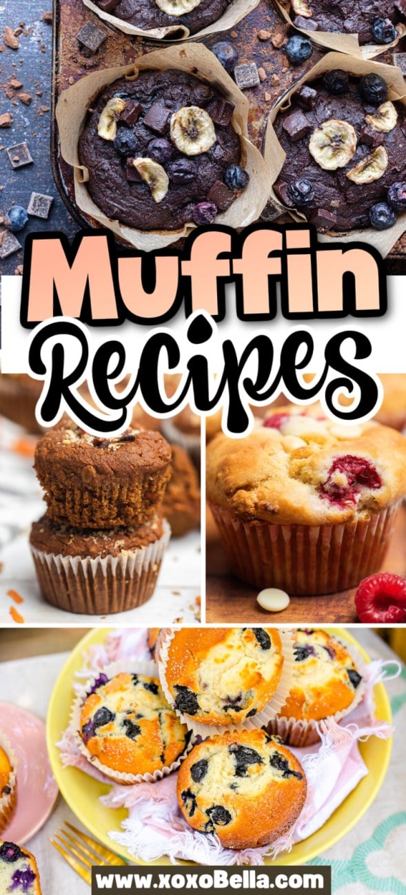 A collage of delicious muffin recipes, featuring chocolate, banana, blueberry, and raspberry flavors.
