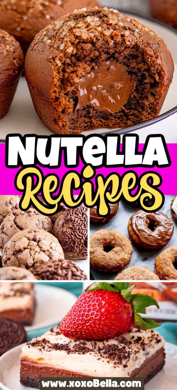 Collage of Nutella desserts, including muffins, cookies, donuts, and cheesecake with a strawberry on top—perfect inspiration for Nutella recipes to celebrate World Nutella Day.