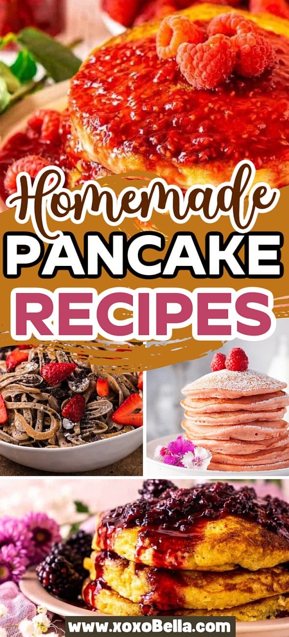 Collage of various stacks of pancakes topped with berries and syrup, to inspire delicious new pancake recipes at home.
