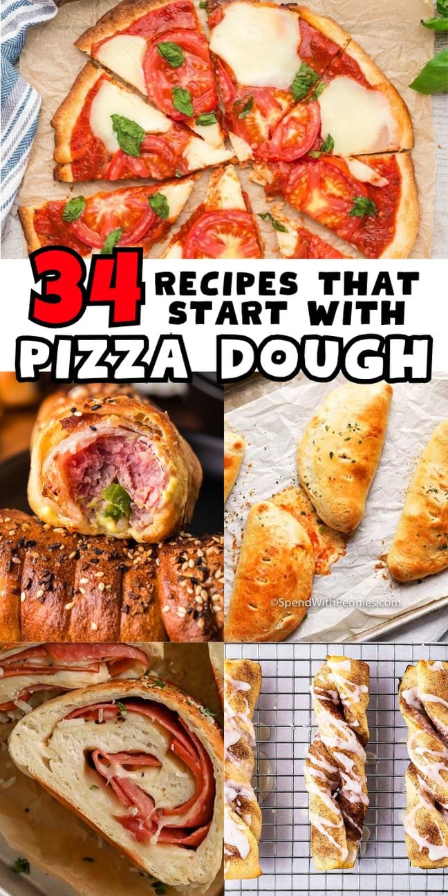 Collage of baked recipes made with homemade pizza dough, featuring pizza, rolls, calzones, and breadsticks.