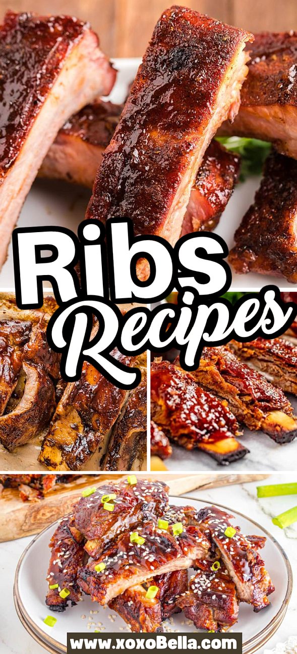 Collage of glazed, cooked ribs on plates, featuring Easy Rib Recipes from xoxobella.com.