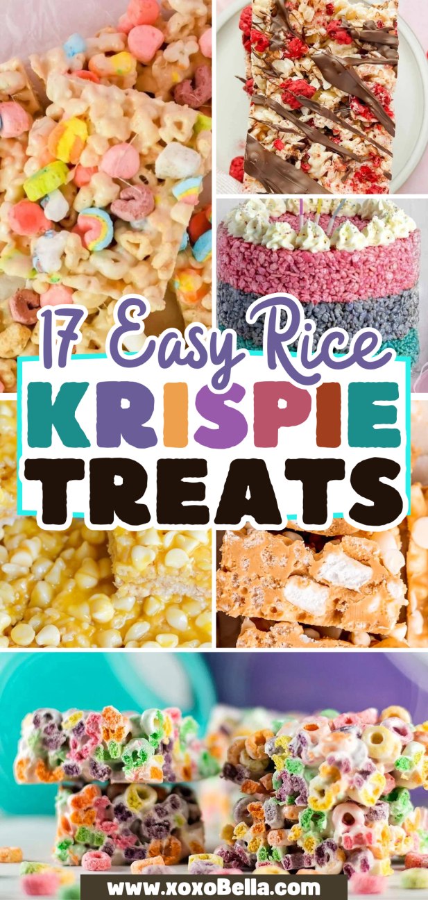 Collage of colorful Rice Krispie treats made with cereal, chocolate, and marshmallows.