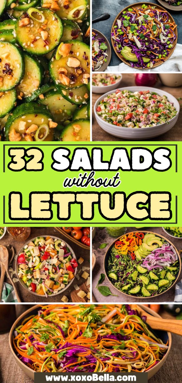 A vibrant collage of salads without lettuce, featuring various colorful vegetables and pasta, topped with bold text.
