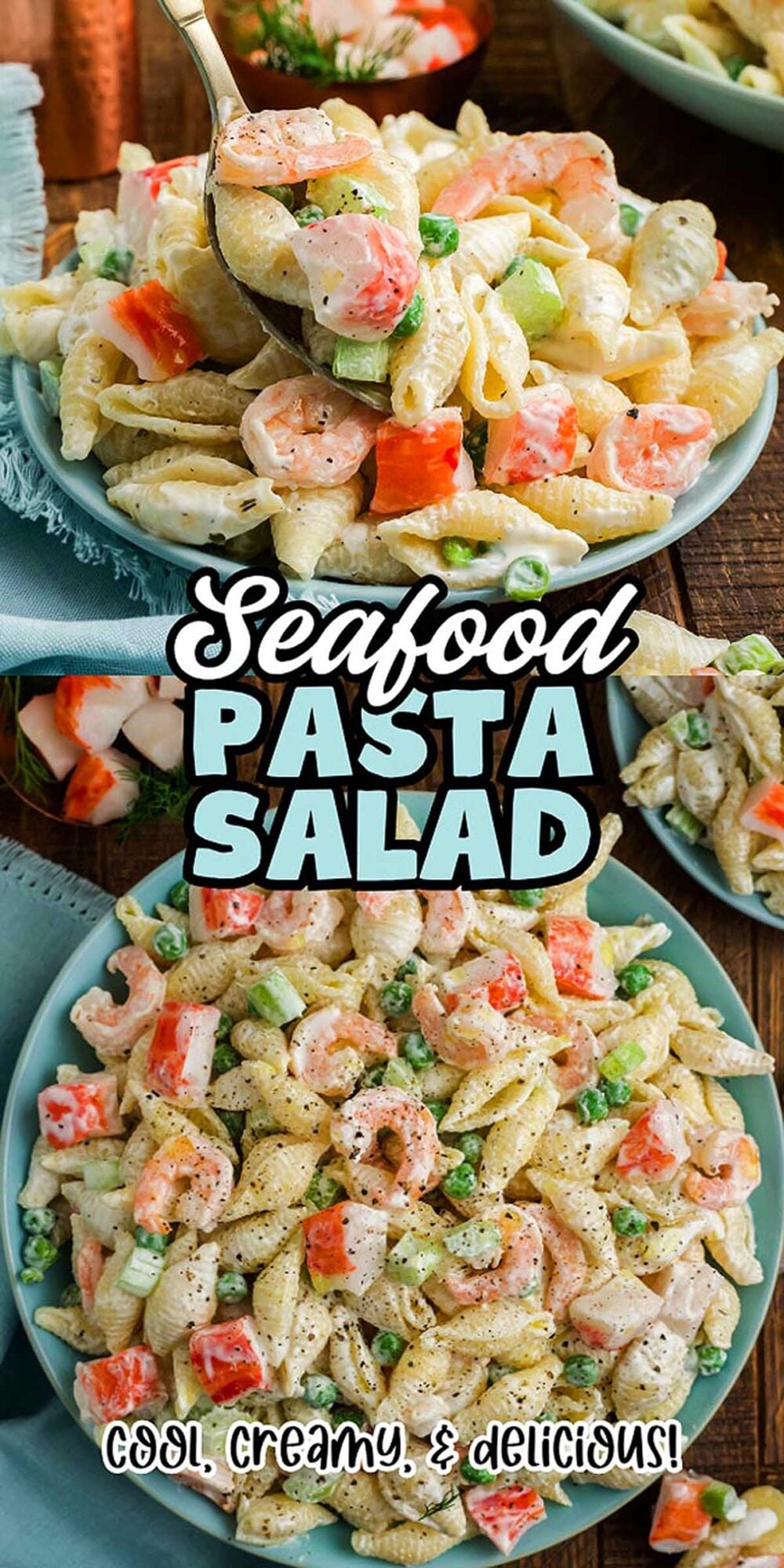Shell pasta with shrimp, crab, celery, and red pepper in a creamy sauce on blue plates, garnished with dill.