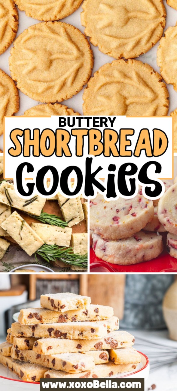 A collage of different buttery shortbread cookies, including plain, rosemary, cranberry, and chocolate chip—perfect inspiration for your next batch of shortbread cookie recipes.