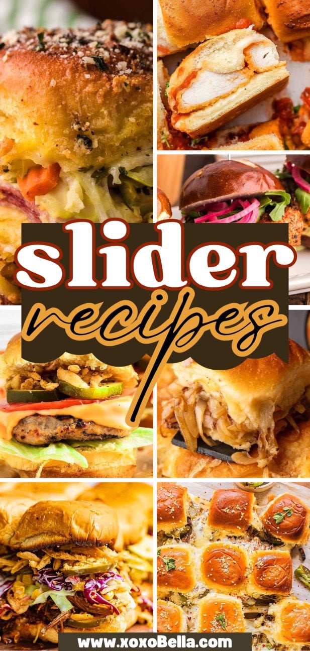 A collage of various slider sandwiches with different fillings showcasing delicious ideas for your next gathering.