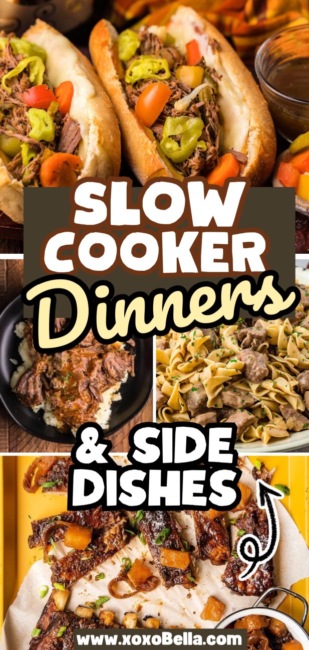 Collage of slow cooker beef dinners with pasta, sandwiches, and roasted potatoes.