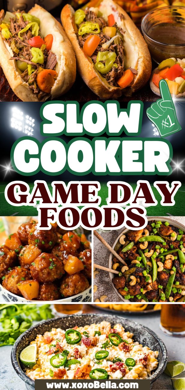 Collage of slow cooker game day recipes: sandwiches, meat dishes, and a cheesy jalapeño-topped casserole.