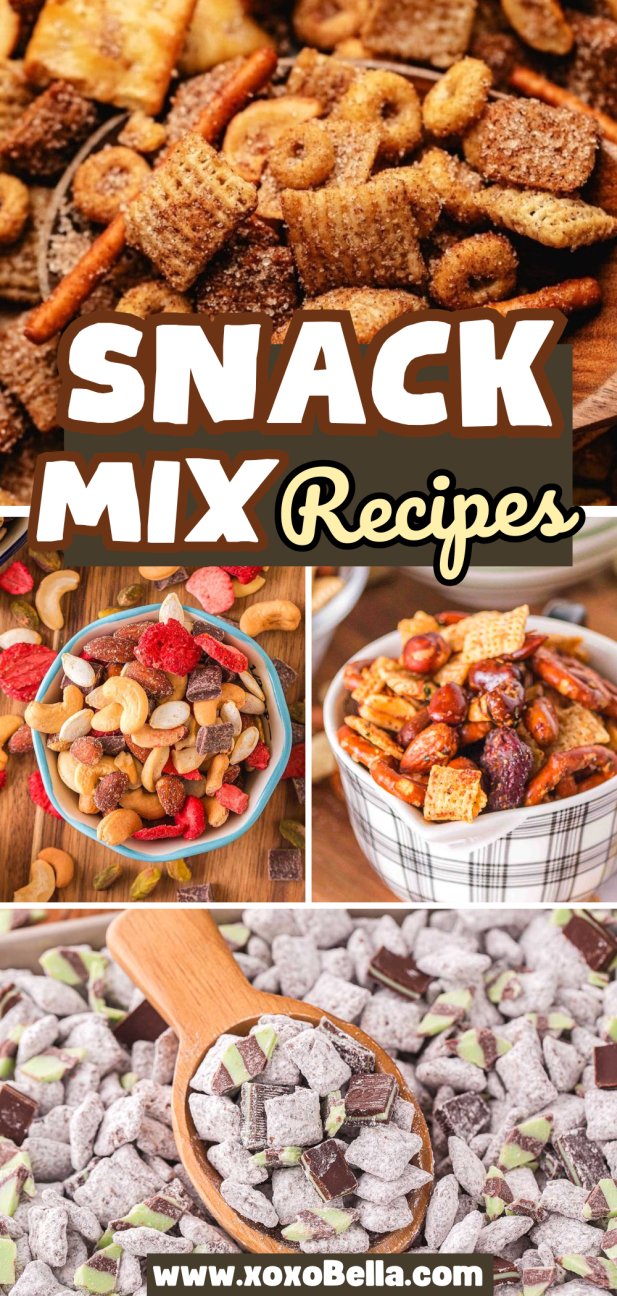 Assorted colorful snack mixes in bowls and on plates, perfect for trying out new snack mix recipes.