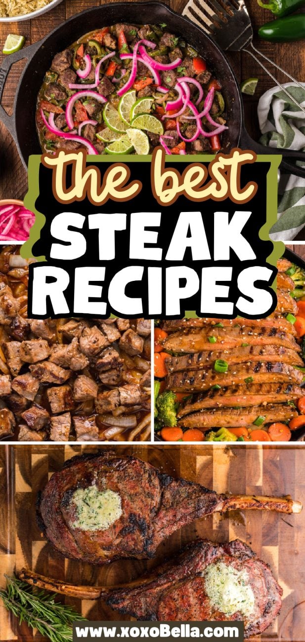 Collage of cooked steak dishes, featuring a variety of steak recipes—sliced, cubed, and bone-in steaks—served with vegetables and garnishes.