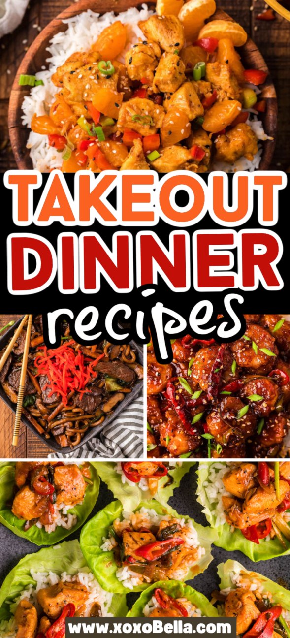 A collage of takeout-style dinners, including stir-fry, rice bowls, and lettuce wraps.