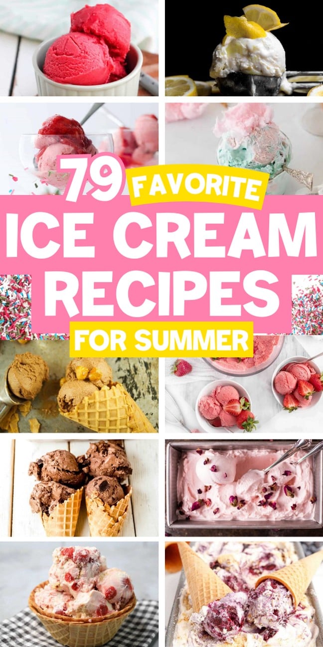 Collage of colorful ice creams and ice cream scoops.