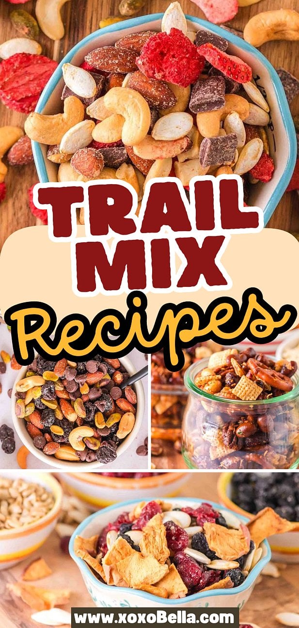 Assorted bowls of colorful trail mix containing nuts, dried fruits, and cereal, showcasing delicious homemade trail mix recipes.