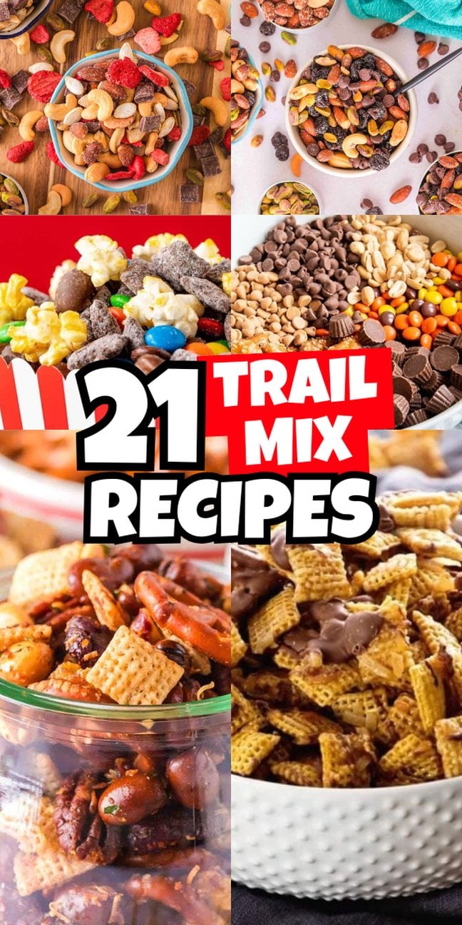 A collage of colorful trail mixes showcases the variety of trail mix recipes
